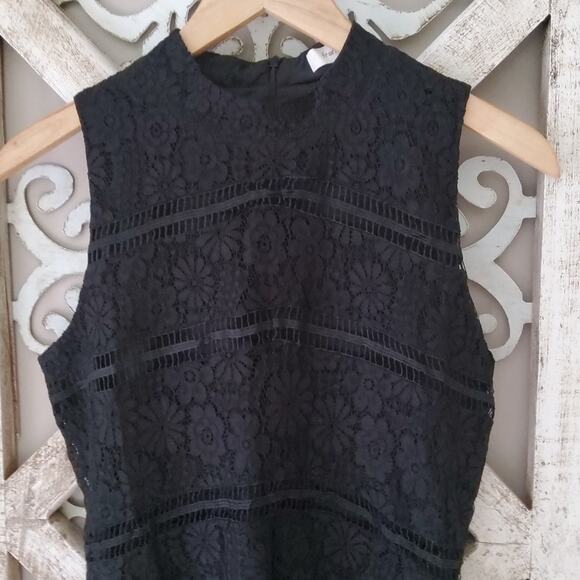 Francesca's Women's Sleeveless Lace Mock Neck Fit & Flare Mini Dress in Black - Picture 7 of 13